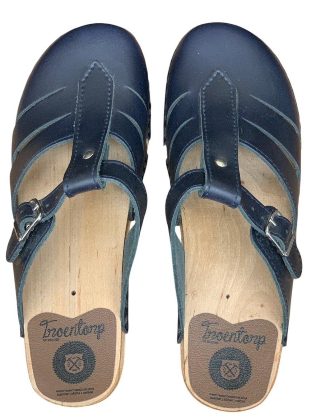 Troentorp Swedish Clogs | Dark Blue Leather | Size 7–7.5 | Excellent Condition